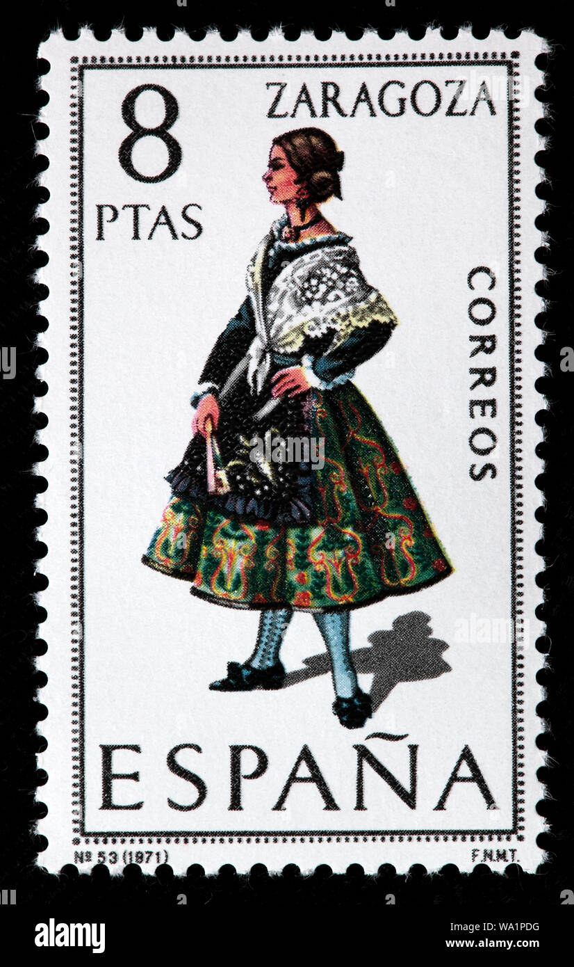 Zaragoza, Saragossa, Aragon, woman in traditional fashioned regional  costume, postage stamp, Spain, 1971 Stock Photo - Alamy