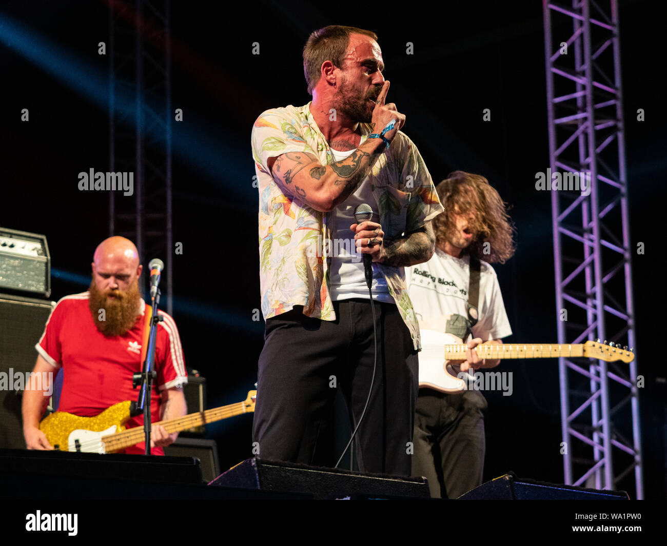 Alges, PORTUGAL: Idles performing live on the 3rd and last day of Festival NOS Alive in Alges, Saturday, Jul. 13, 2019. Featuring: Joe Talbot, Lee Kiernan, Adam Devonshire Where: Lisboa, Portugal When: 13 Jul 2019 Credit: Rui M Leal/WENN.com Stock Photo