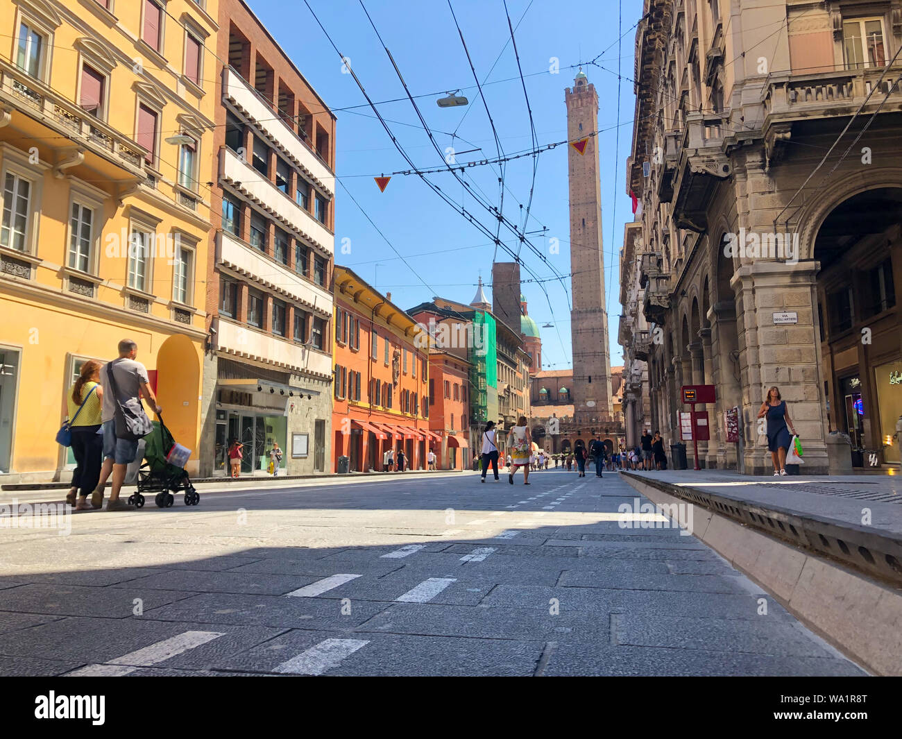 Bologna, Italy August 2019 People an tourists enjoying the hot