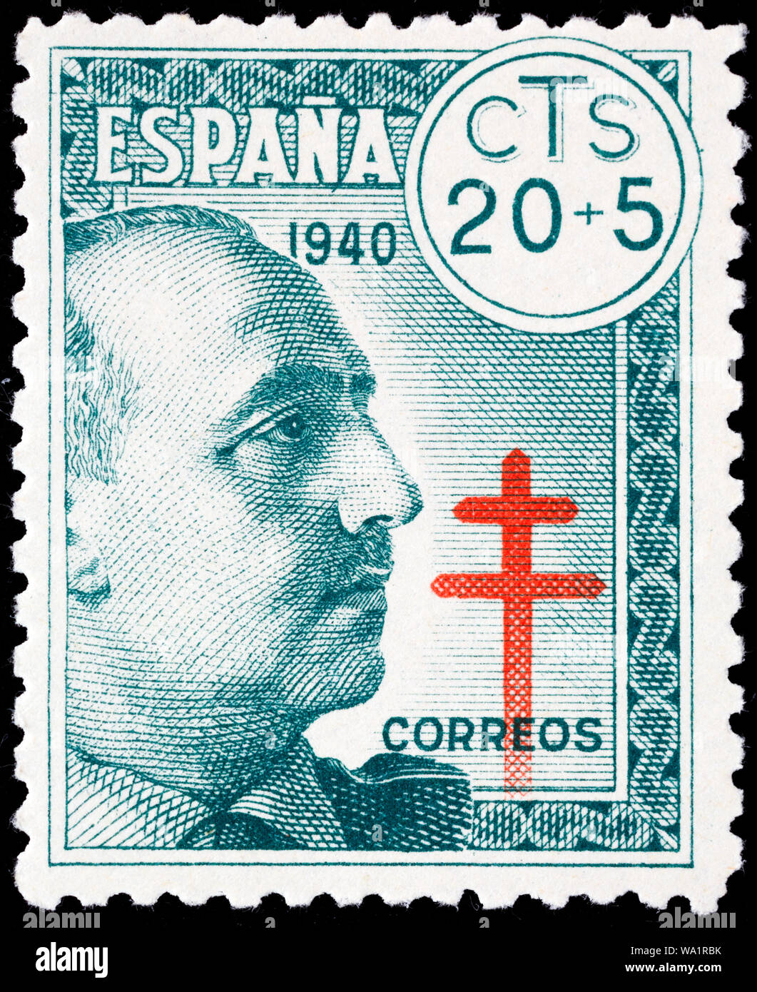 Francisco Franco Bahamonde (1892-1975), Spanish general, politician, Head of State, dictator, Caudillo, Cross of Lorraine, postage stamp, Spain, 1940 Stock Photo