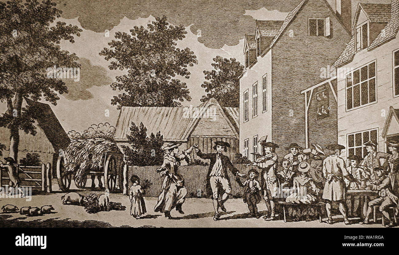 HARVEST HOME (aka INGATHERING) - A typical 18th century scene in Britain celebrating the completion of harvesting in rural communities. Though the timing varies depending on weather patterns etc,, often this takes place in September. It often coincides or was replaced by St. Michael's Mass or Michaelmas when farm servants were hired at the hirings. Stock Photo