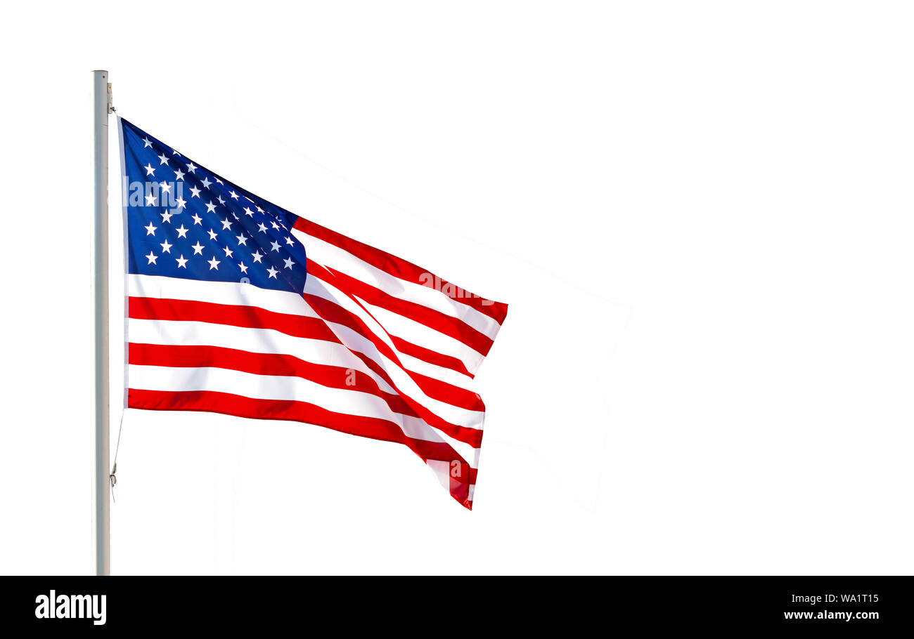 American flag waving in the wind isolated on white background with ...