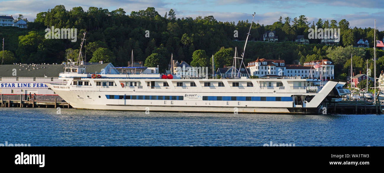 Grande Mariner cruise ship of Blount Small Ship Adventures docked at Mackinac Island, Michigan, on a Great Lakes cruise. Stock Photo