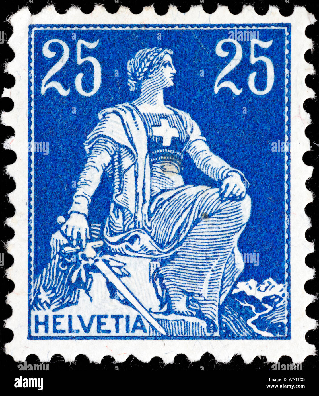 Sitting Helvetia with sword, postage stamp, Switzerland, 1908 Stock Photo