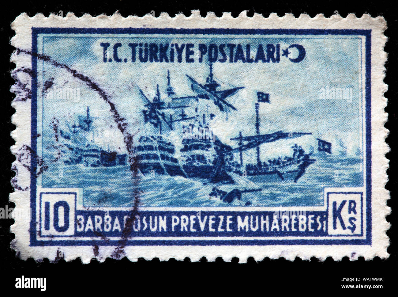 Fleet of Hayreddin Barbarossa in Battle of Preveza, 1538, postage stamp, Turkey, 1941 Stock Photo