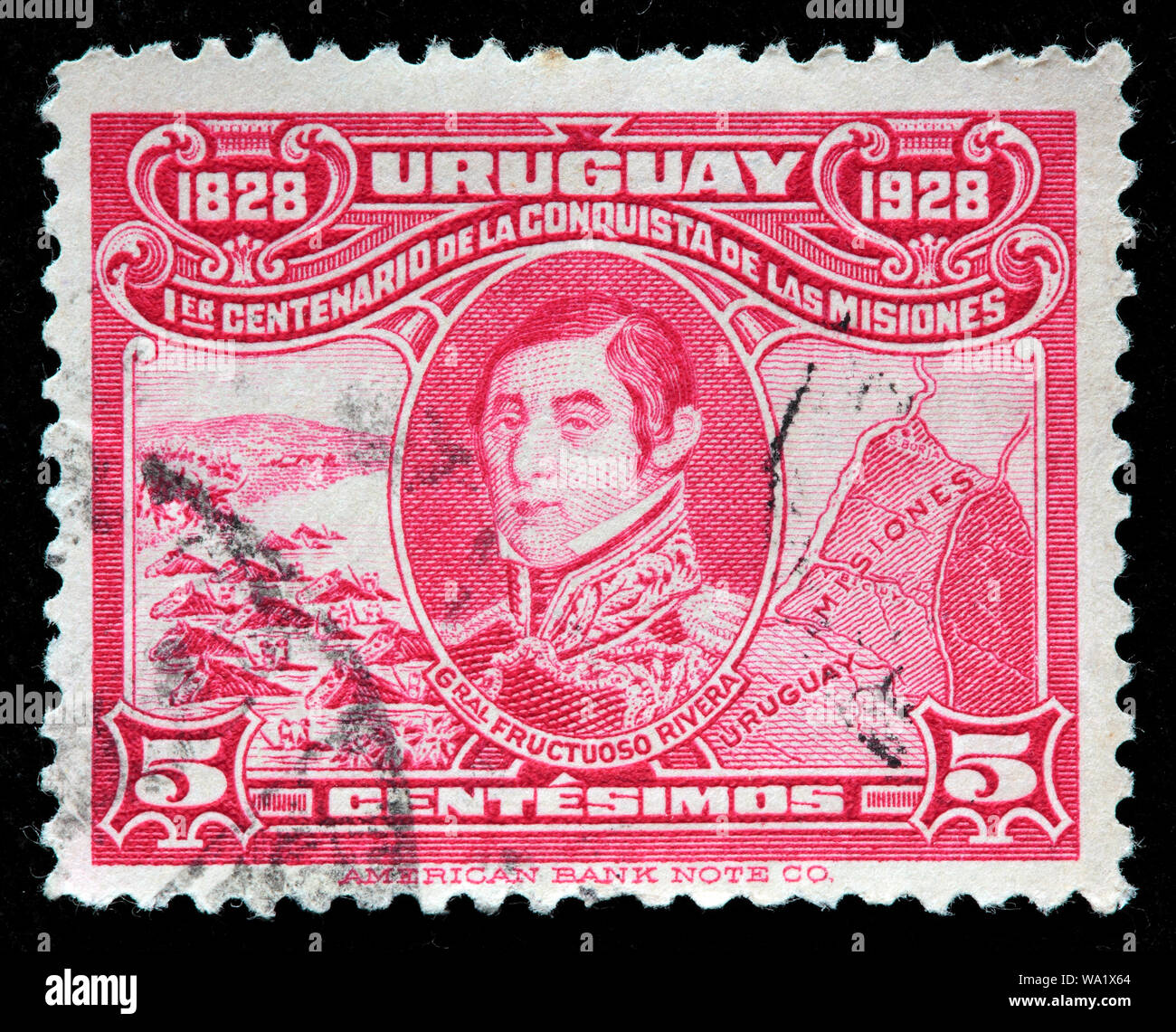 Fructuoso Rivera (1784-1854), Uruguayan general and map of Misiones, postage stamp, Uruguay, 1928 Stock Photo