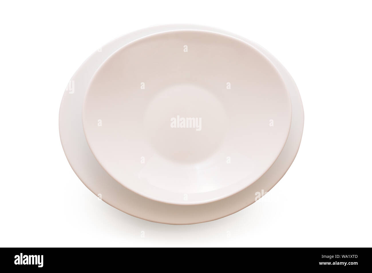 Empty white plate, dish set Isolated on white background with clipping path, Top view. Stock Photo
