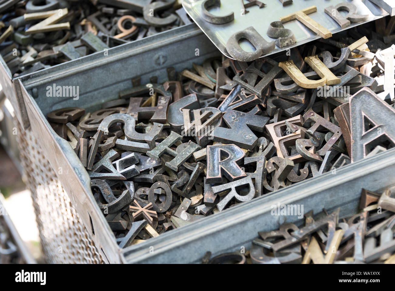 Vintage metal letters, Arkonaplatz flea market, Berlin, Germany. Stock Photo