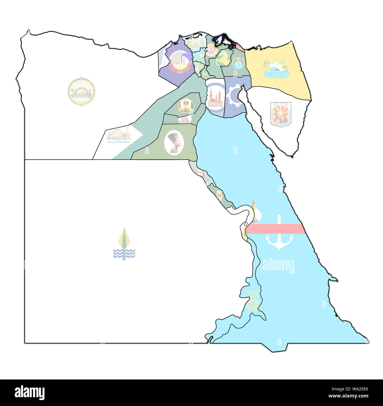 Damietta territory and flag on map of administrative divisions of egypt