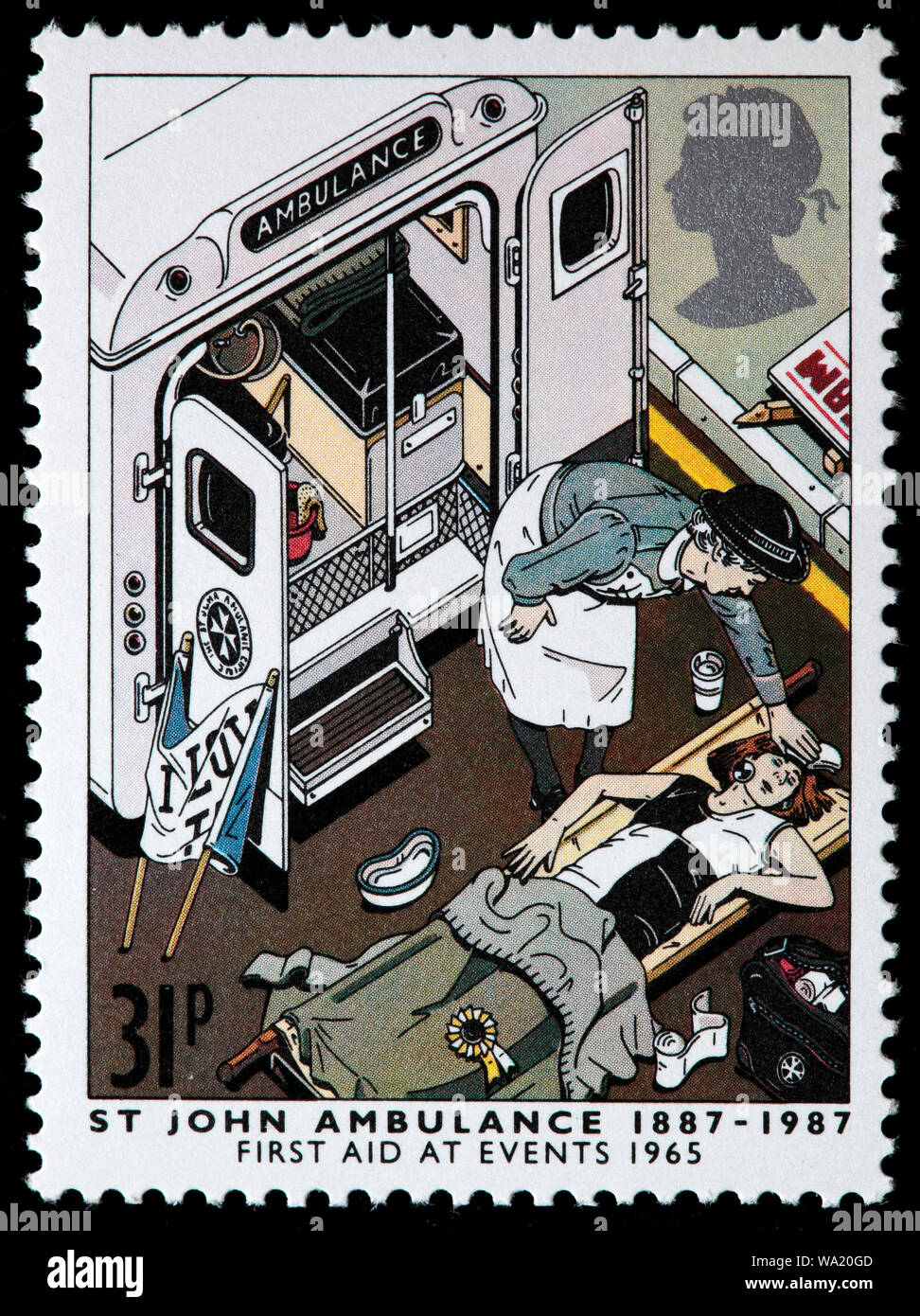 St. Johns Ambulance Brigade, first aid at events, 1965, postage stamp, UK, 1987 Stock Photo