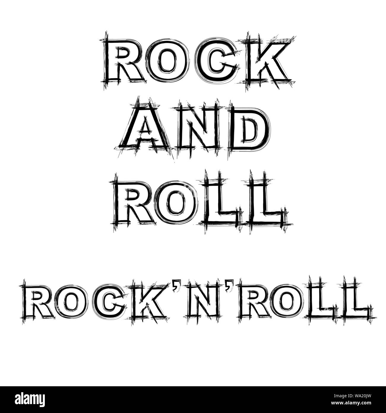 Black grunge rock and roll text isolated on white background Stock Vector