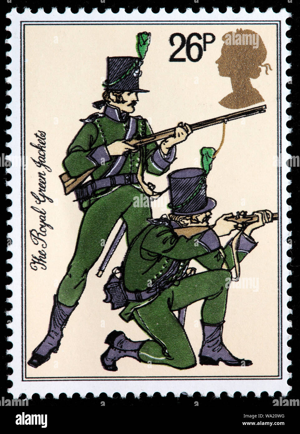 Riflemen, Royal Green Jackets, British Army uniform, postage stamp, UK