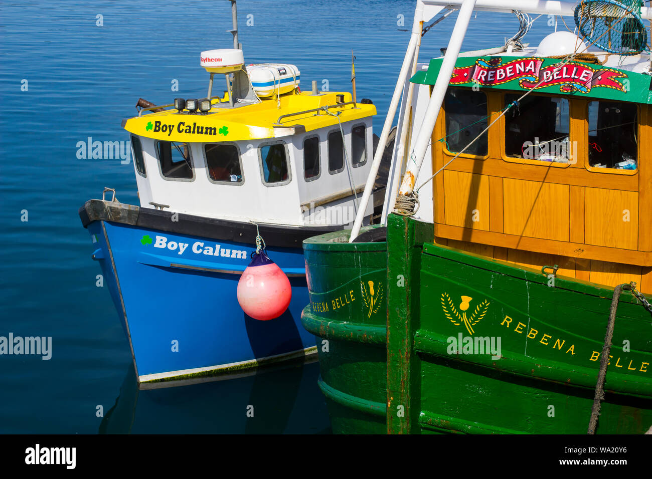 8 August 2019 The Boy Calum and the Rebena Belle trawlers tied up in Ardglass harbour on a fine summer afternoon Stock Photo