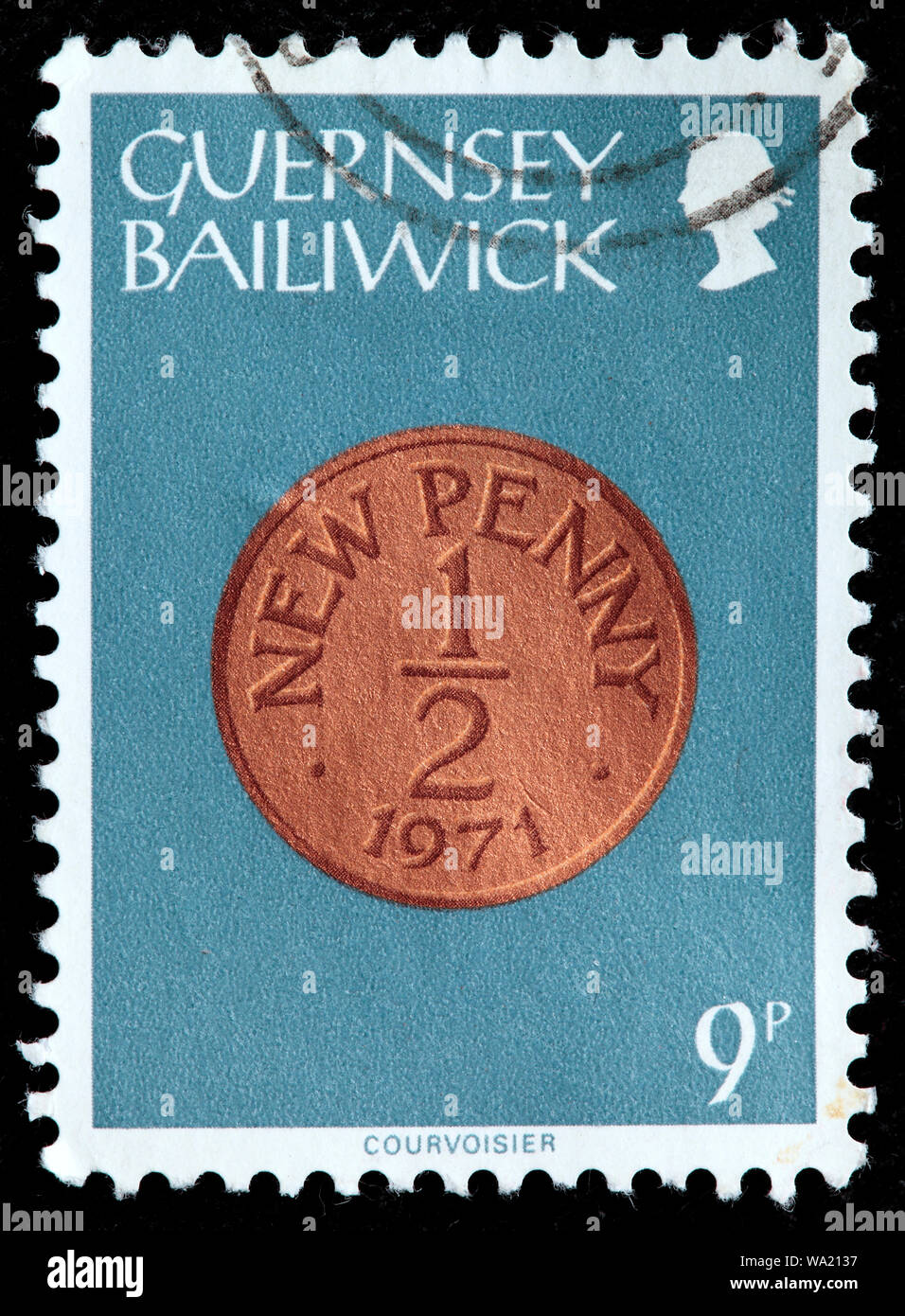 Half New Penny, postage stamp, UK, Bailiwick of Guernsey, 1971 Stock Photo
