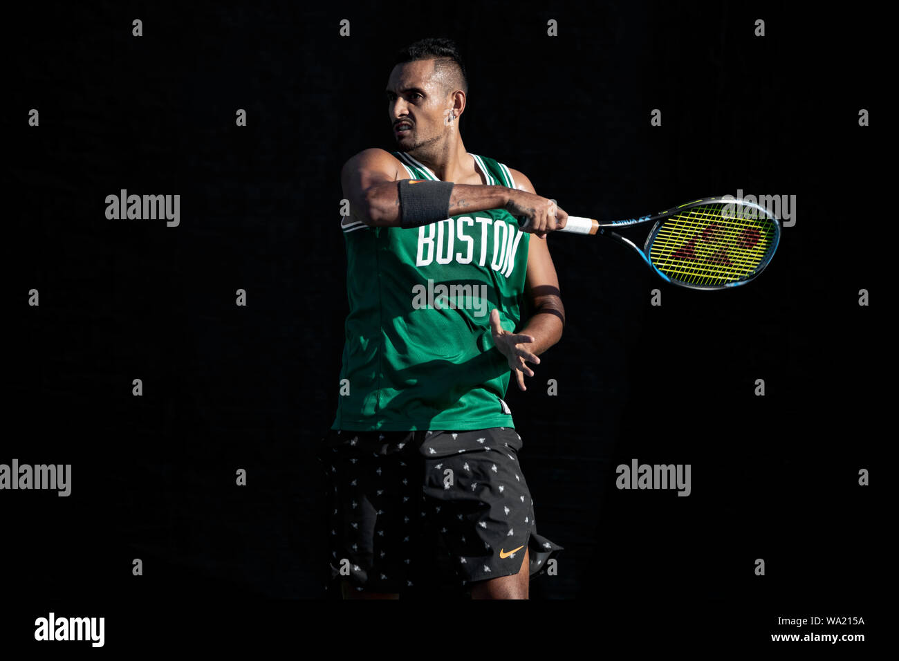 Montreal - AUGUST 5. Nick Kyrgios, professional tennis player hitting awesome forehand during practice at ATP Tour Masters 1000 tournament, Canada Open aka Rogers Cup in Montreal August 5 2019. Stock Photo