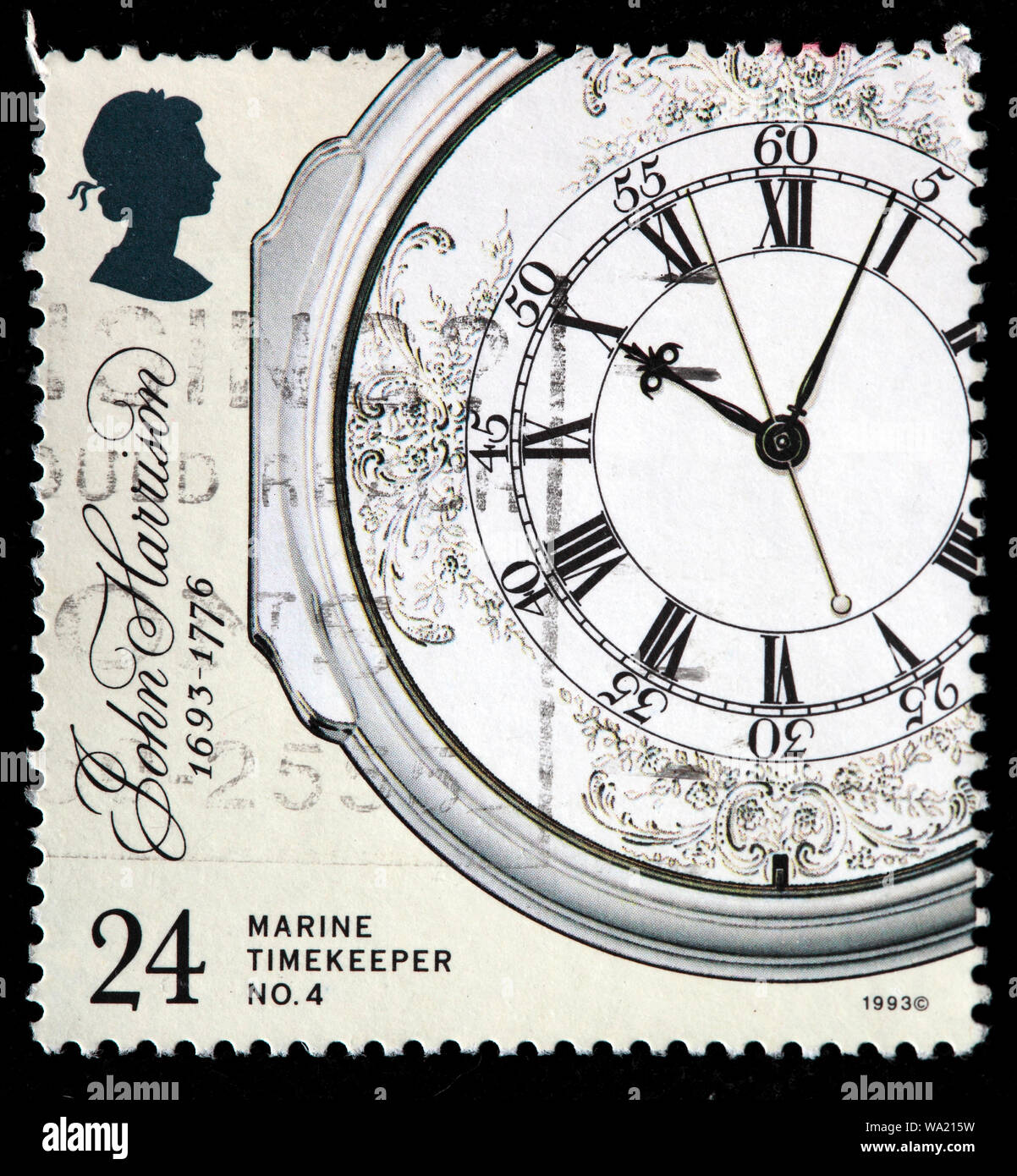 Marine timekeeper, Decorated Enamel Dial, John Harrison (1693-1776), English carpenter, clockmaker, postage stamp, UK, 1993 Stock Photo