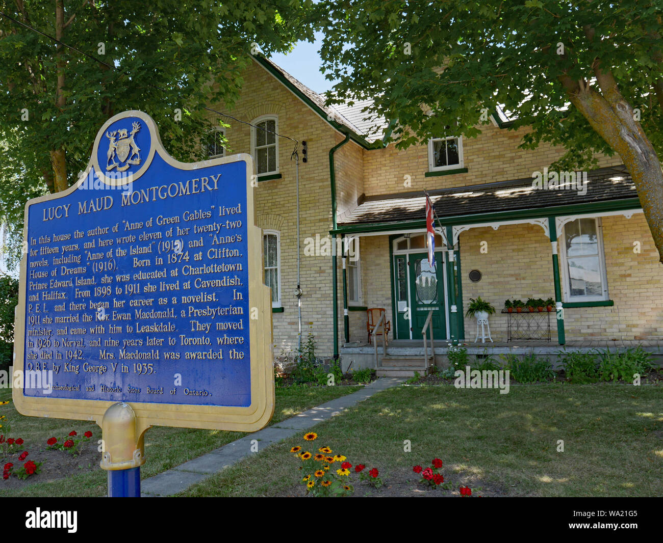 UXBRIDGE, ONTARIO, CANADA - AUGUST 2019:  Lucy Maud Montgomery, the author of Anne of Green Gables,was born on Prince Edward Island, but lived for man Stock Photo