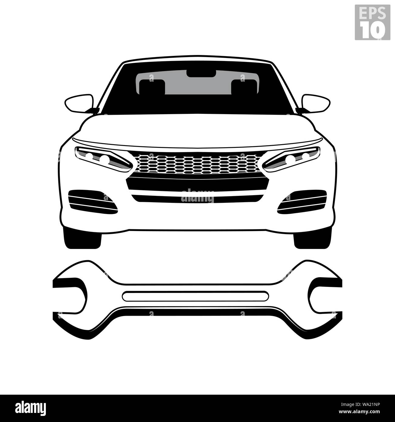 Black and White frontal view of a modern car, an open-ended wrench for auto repair; or overall concept of affordable, dependable auto maintenance. Stock Vector