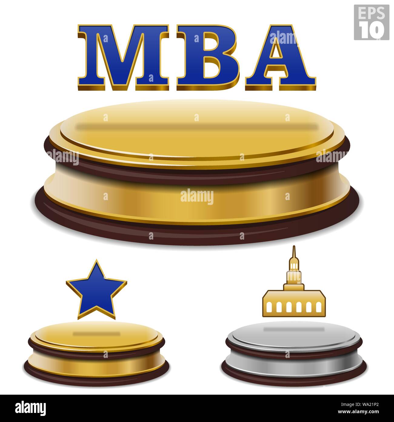 Masters of Business Administration MBA college degree floating on a golden presentation award with a star and university building icon. Stock Vector