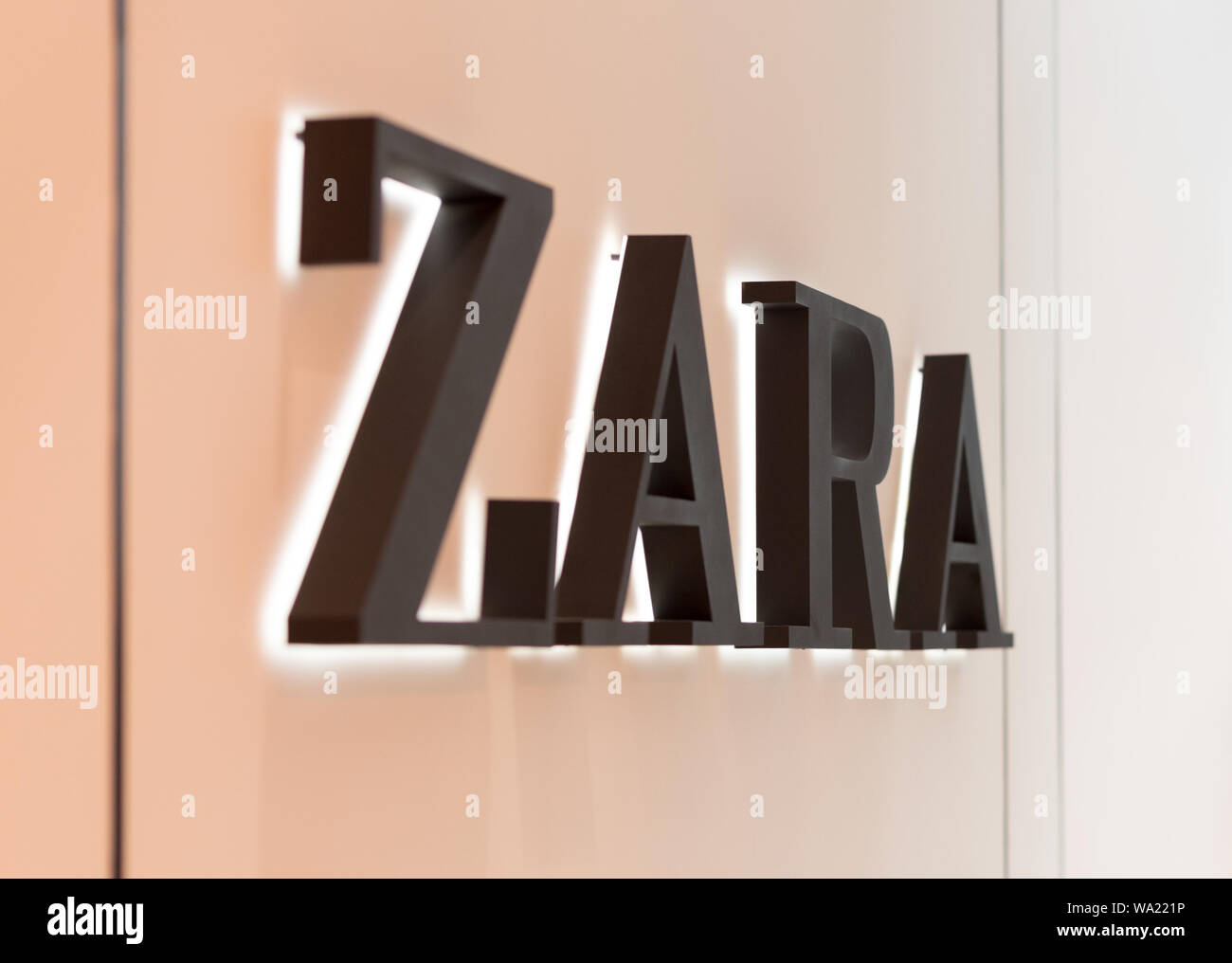 Bangkok, Thailand - May 26, 2019: a closeup of ZARA clothing shop sign. Stock Photo