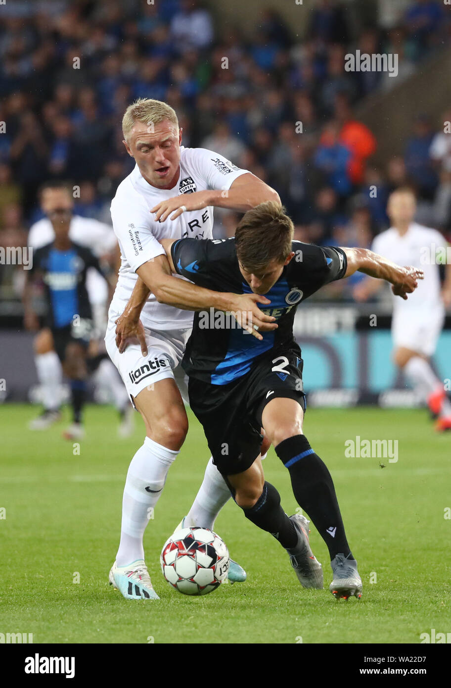 Brugge Belgium August 16 Andreas Beck Of Kas Eupen Battles For The Ball With Eduard Sobol Of Club Brugge During The Jupiler Pro League Match Day 4 Between Club Brugge And