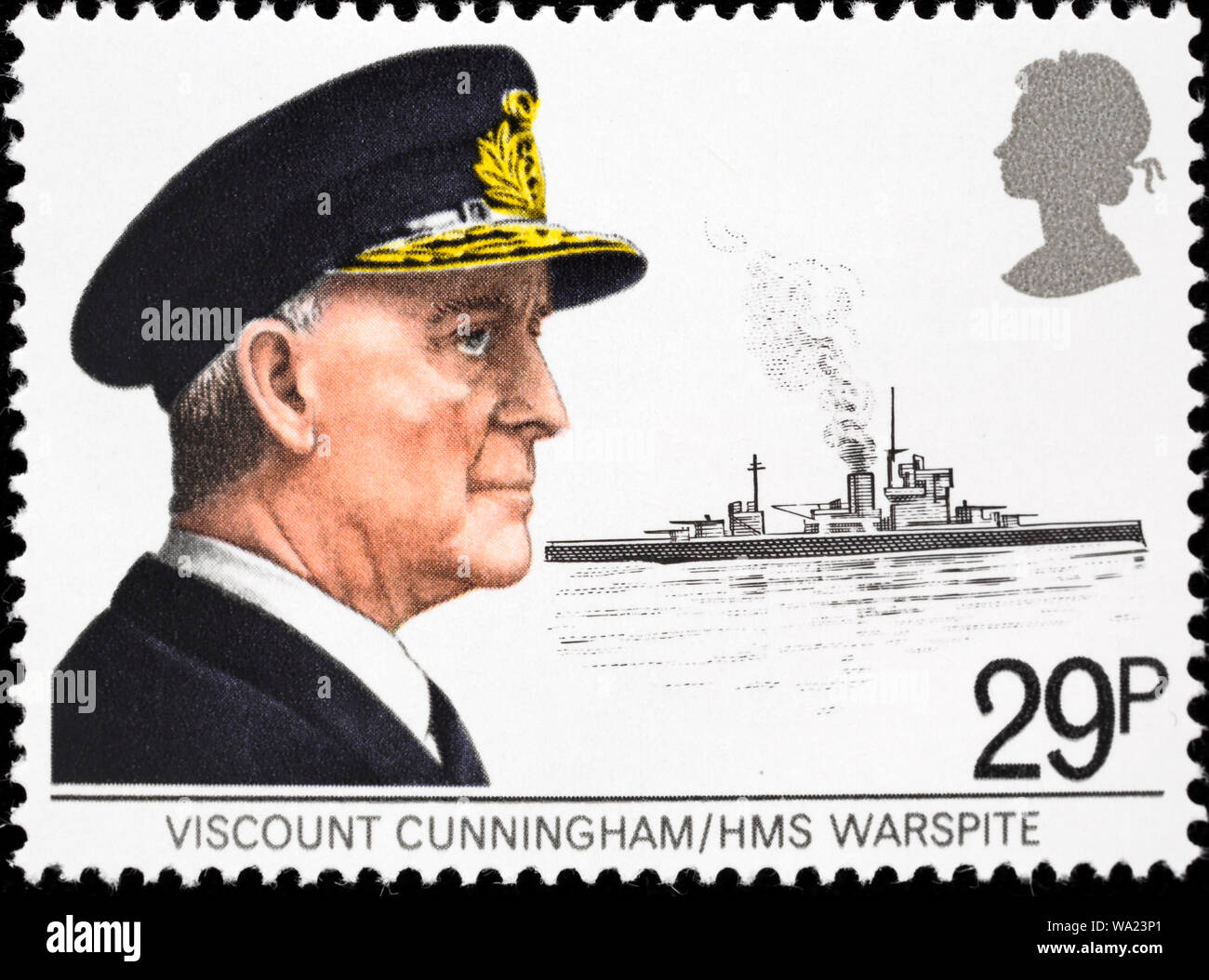 Viscount Andrew Cunningham (1883-1963), HMS Warspite, postage stamp, UK, 1982 Stock Photo