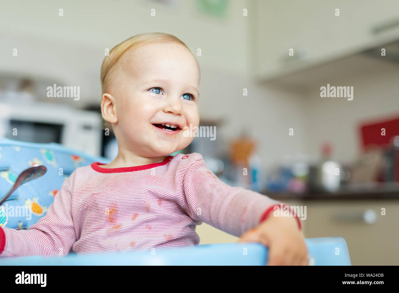 Adorable cute caucasian blond toddler boy eating tasty vegetable soup in chair at kithcen indoor