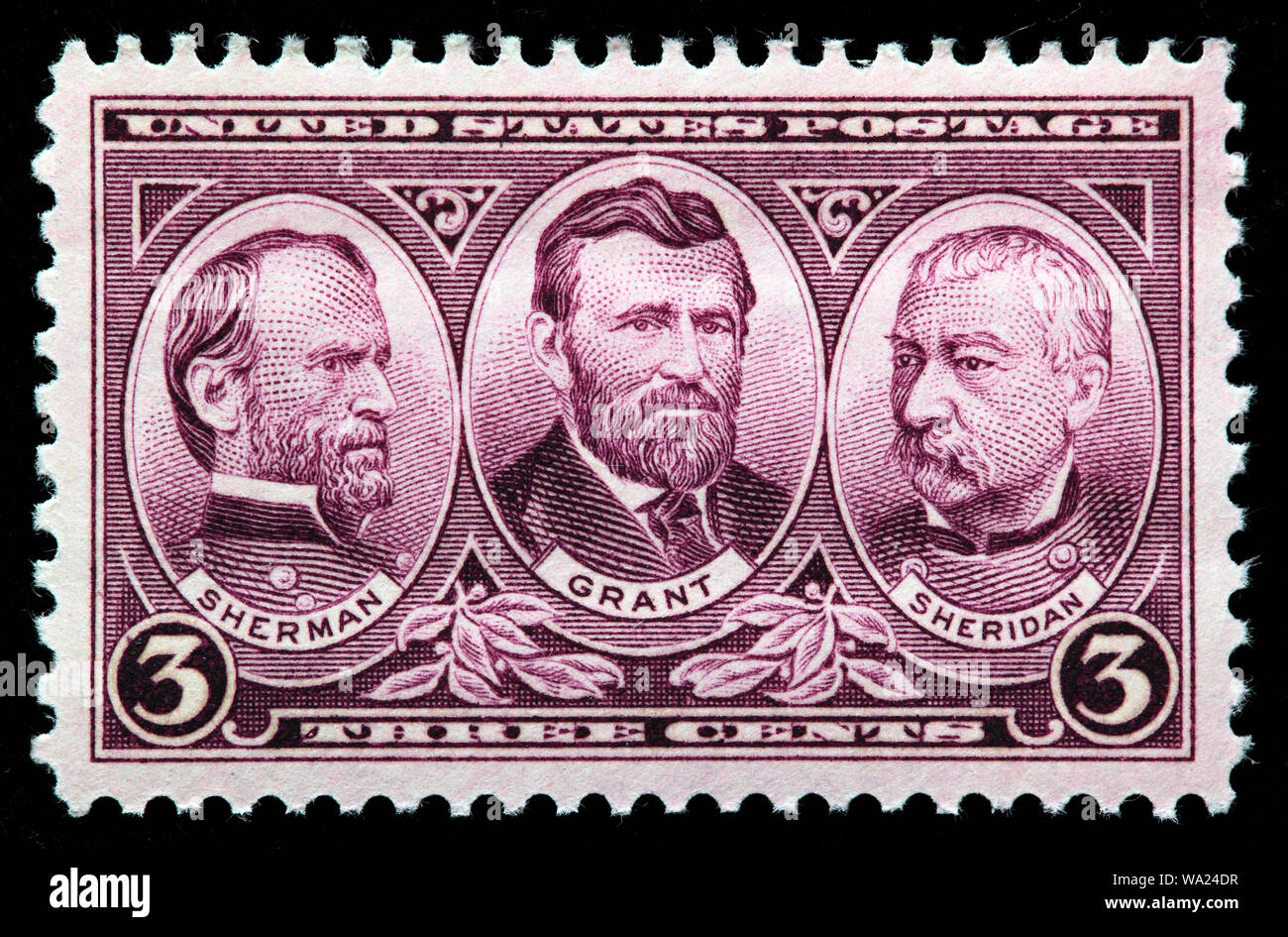 William T. Sherman (1820-1891), Ulysses S. Grant (1822-1885), Philip H. Sheridan (1831-1888), Generals, Civil war, postage stamp, USA, 1937 Stock Photo