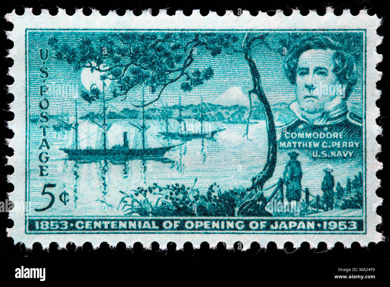 Commodore Matthew C. Perry (1794-1858), First Anchorage of Tokyo Bay, Opening of Japan, postage stamp, USA, 1953 Stock Photo