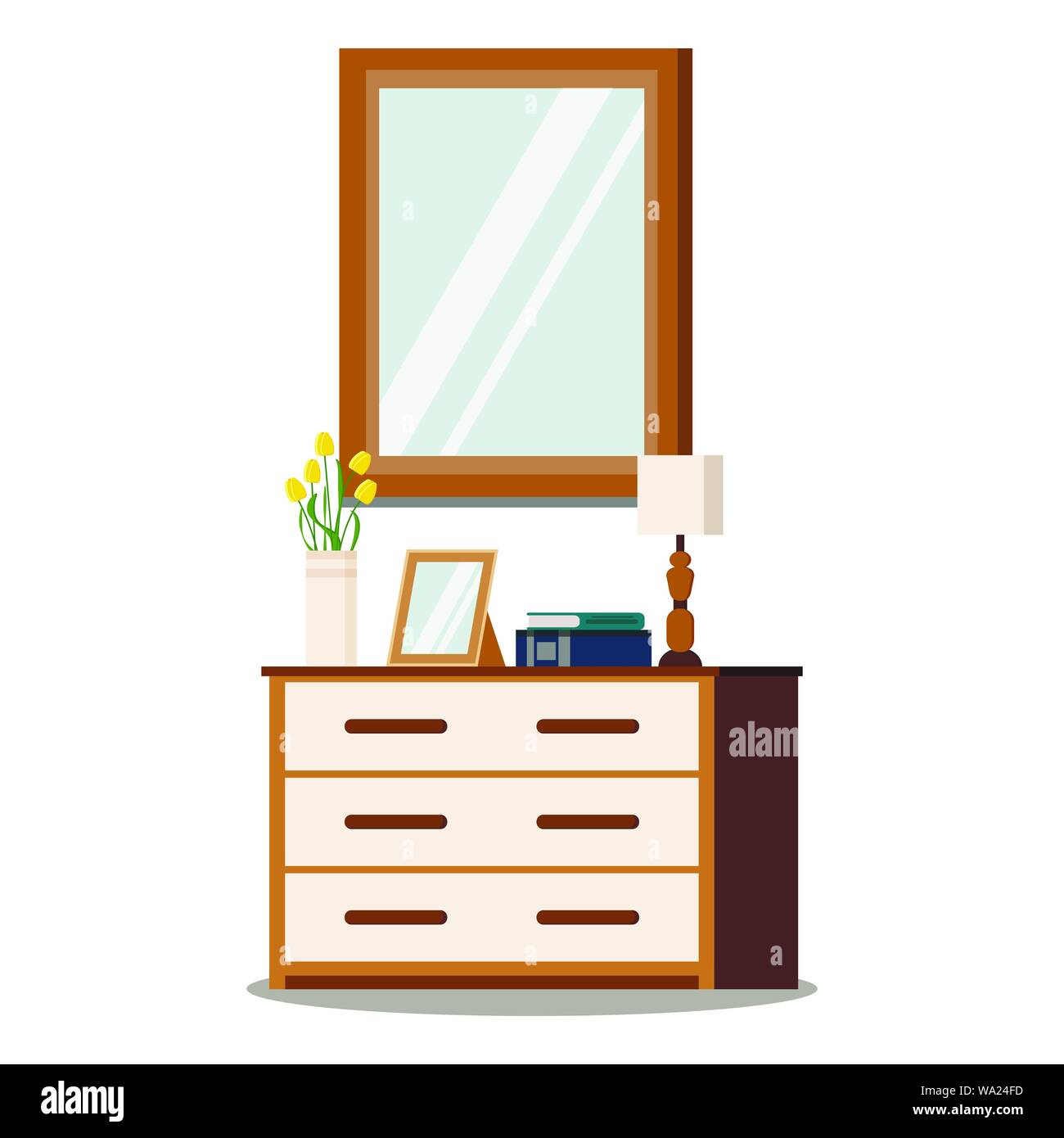 Classic wooden chest of drawers with mirror, lamp, vase with tulips, photo frame, books. Stock Vector
