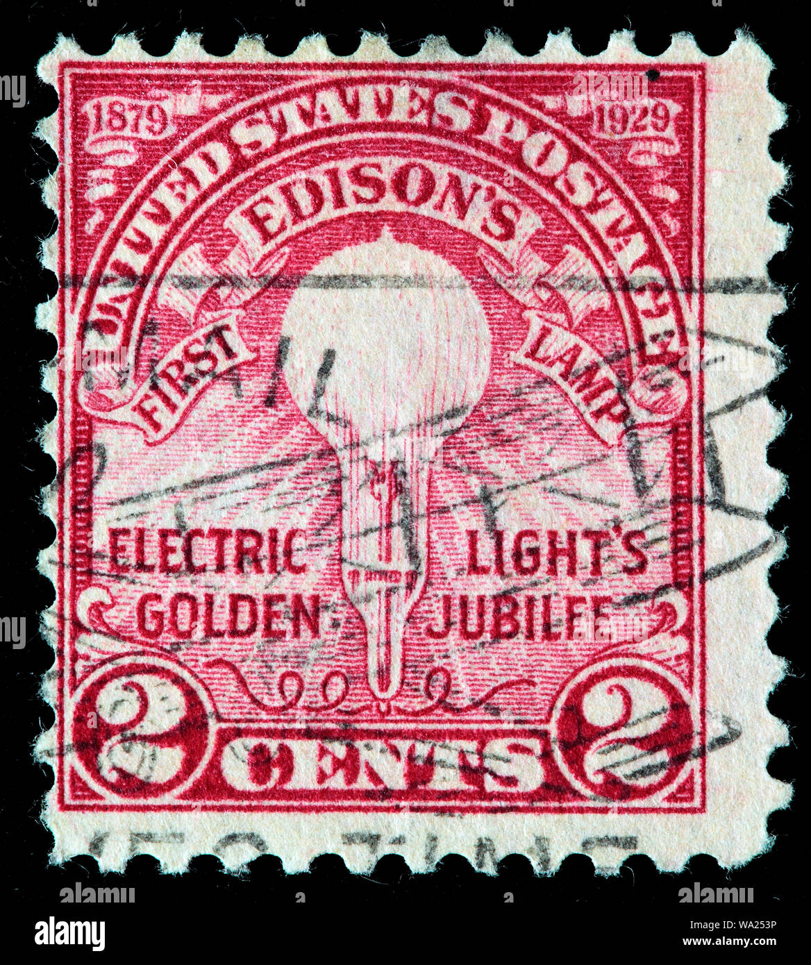 Thomas Edison's First Lamp, 1879, Electric Light's Golden Jubilee, postage stamp, USA, 1929 Stock Photo