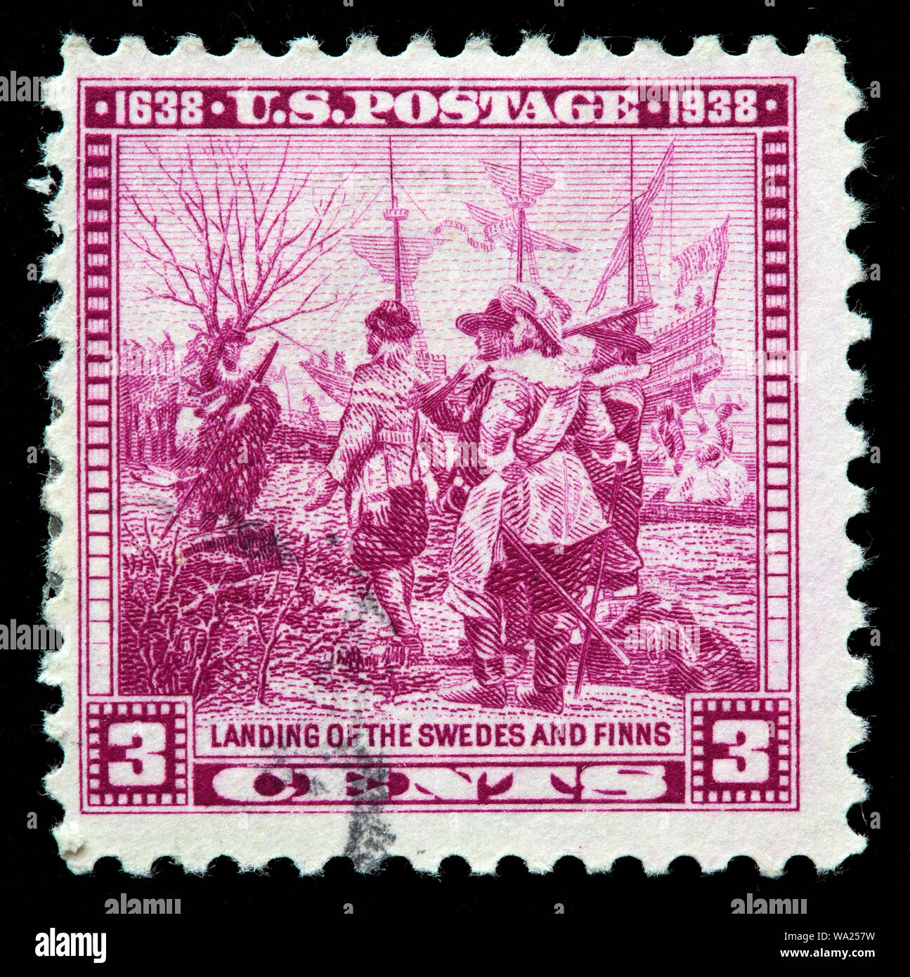 Landing of the First Swedes and Finns in America, postage stamp, USA, 1938 Stock Photo