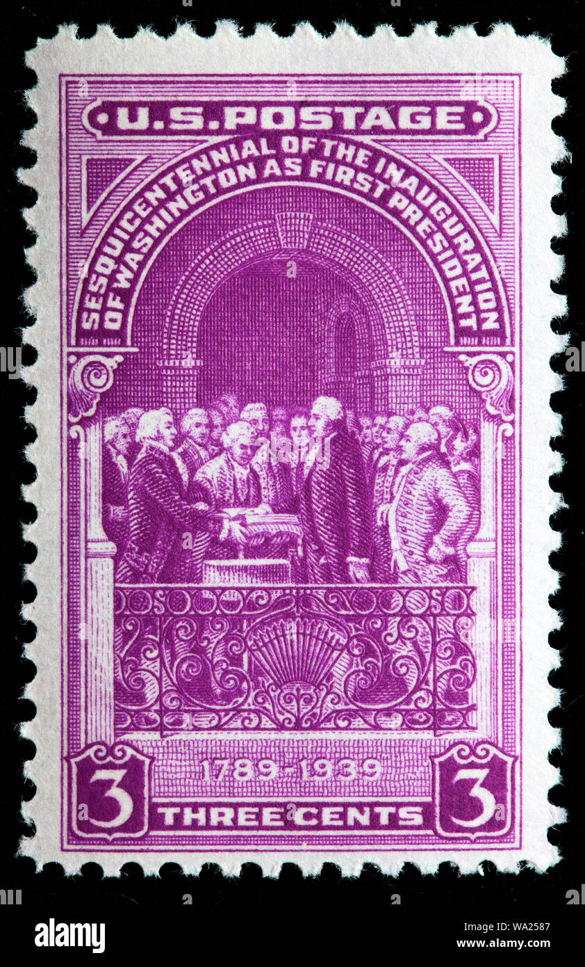 Washington Taking Oath of Office, 1789, postage stamp, USA, 1939 Stock Photo