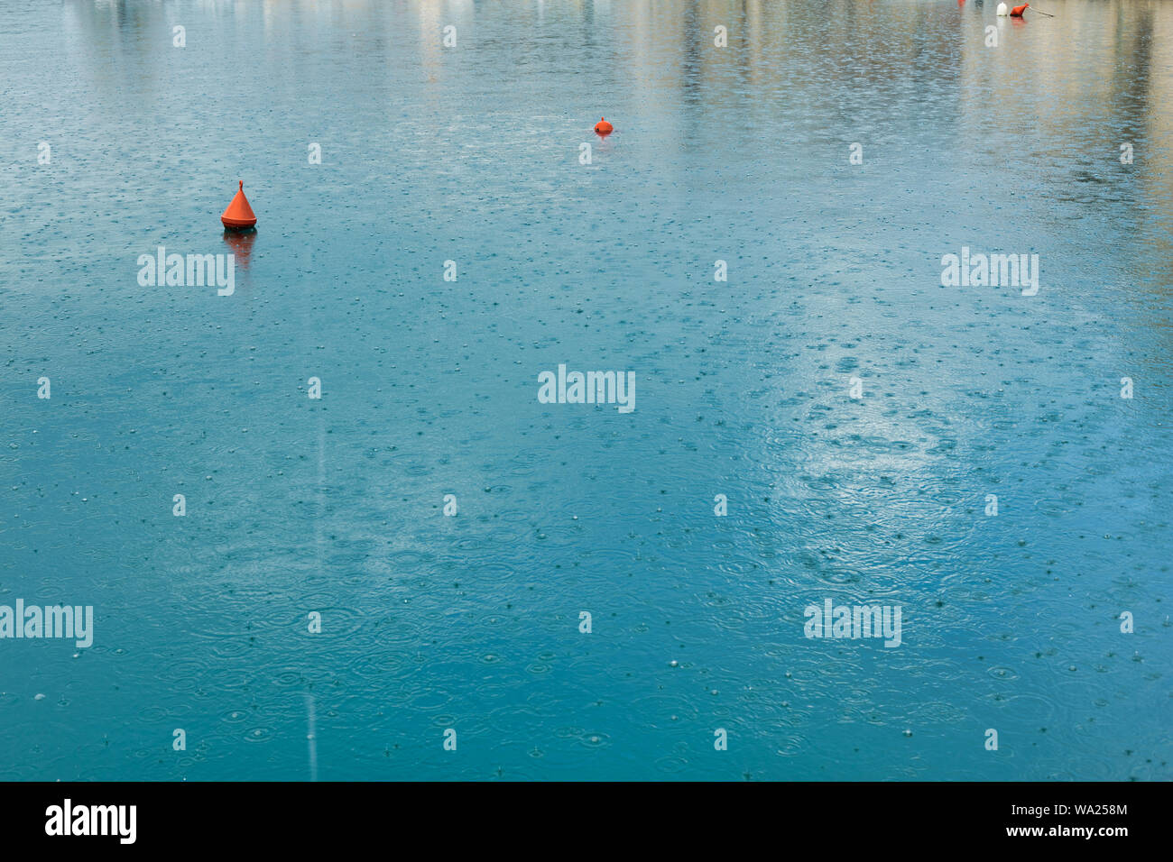Raindrops on the water surface in the harbor Stock Photo