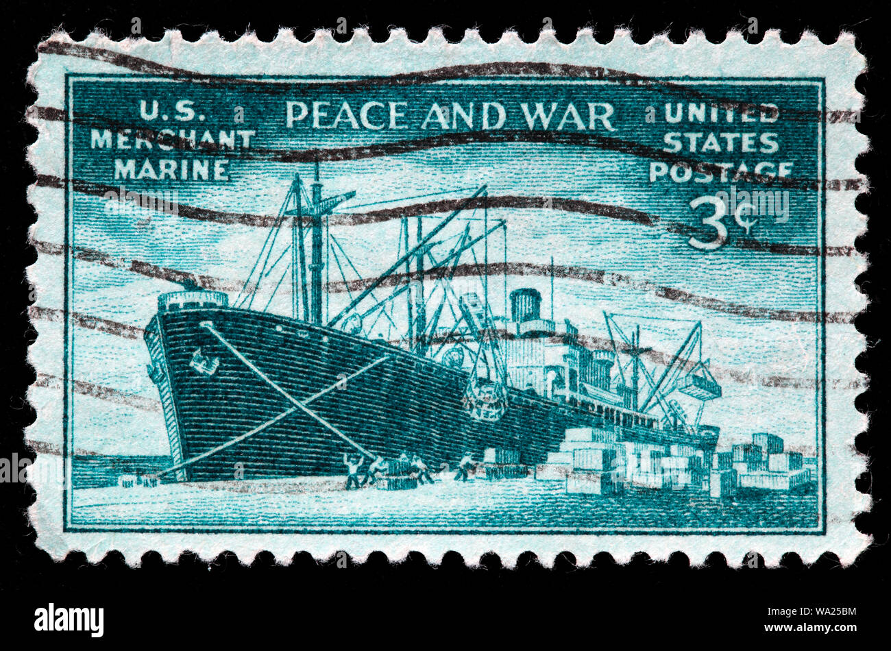 Liberty Ship Unloading Cargo, Merchant Marine, postage stamp, USA, 1946