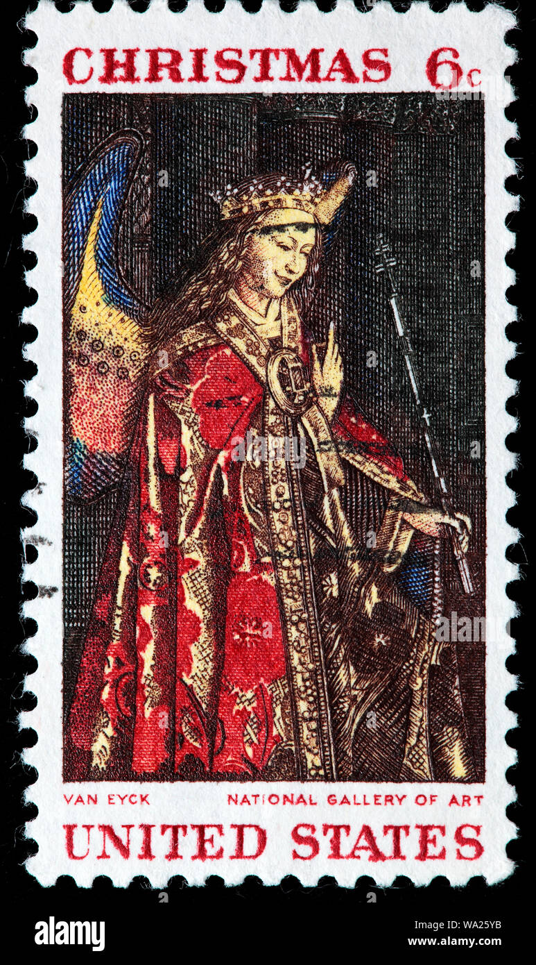 Happy Christmas, Angel Gabriel, The Annunciation, Jan van Eyck, National gallery, postage stamp, USA, 1968 Stock Photo