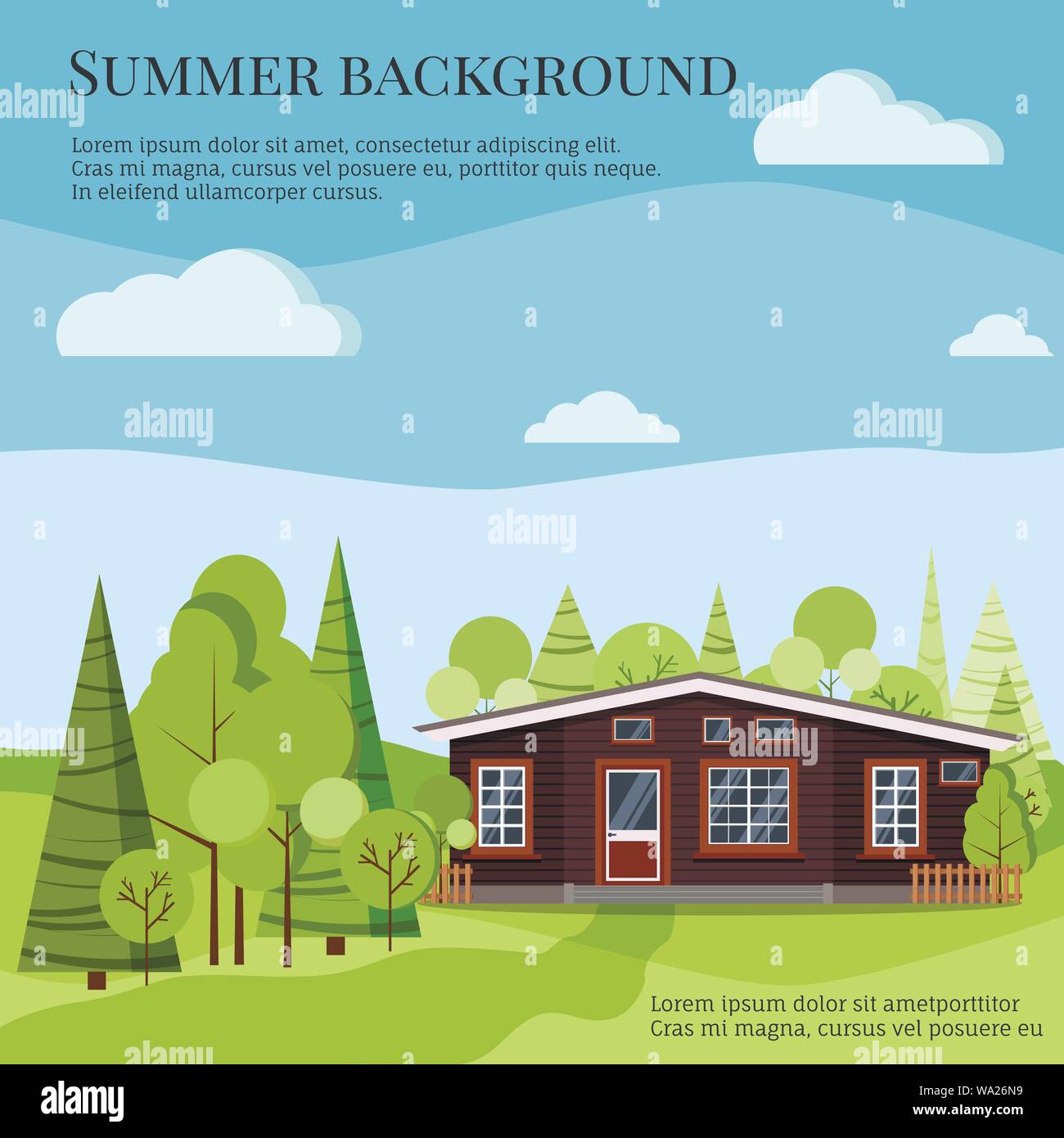 Summer or spring landscape banner background with wooden country rural farm house Stock Vector