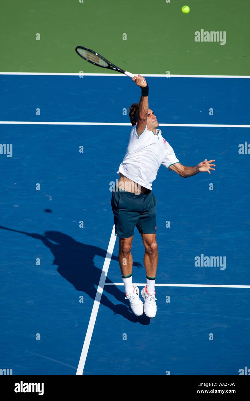Cincinnati, OH, USA. 15th Aug, 2019. Western and Southern Open Tennis,  Cincinnati, OH; August 10-19, 2019. Roger Federer plays a ball against  opponent Andrey Rublev during the Western and Southern Open Tennis