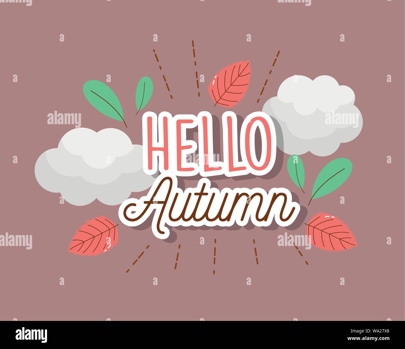foliage leaves clouds hello autumn season lettering vector illustration ...