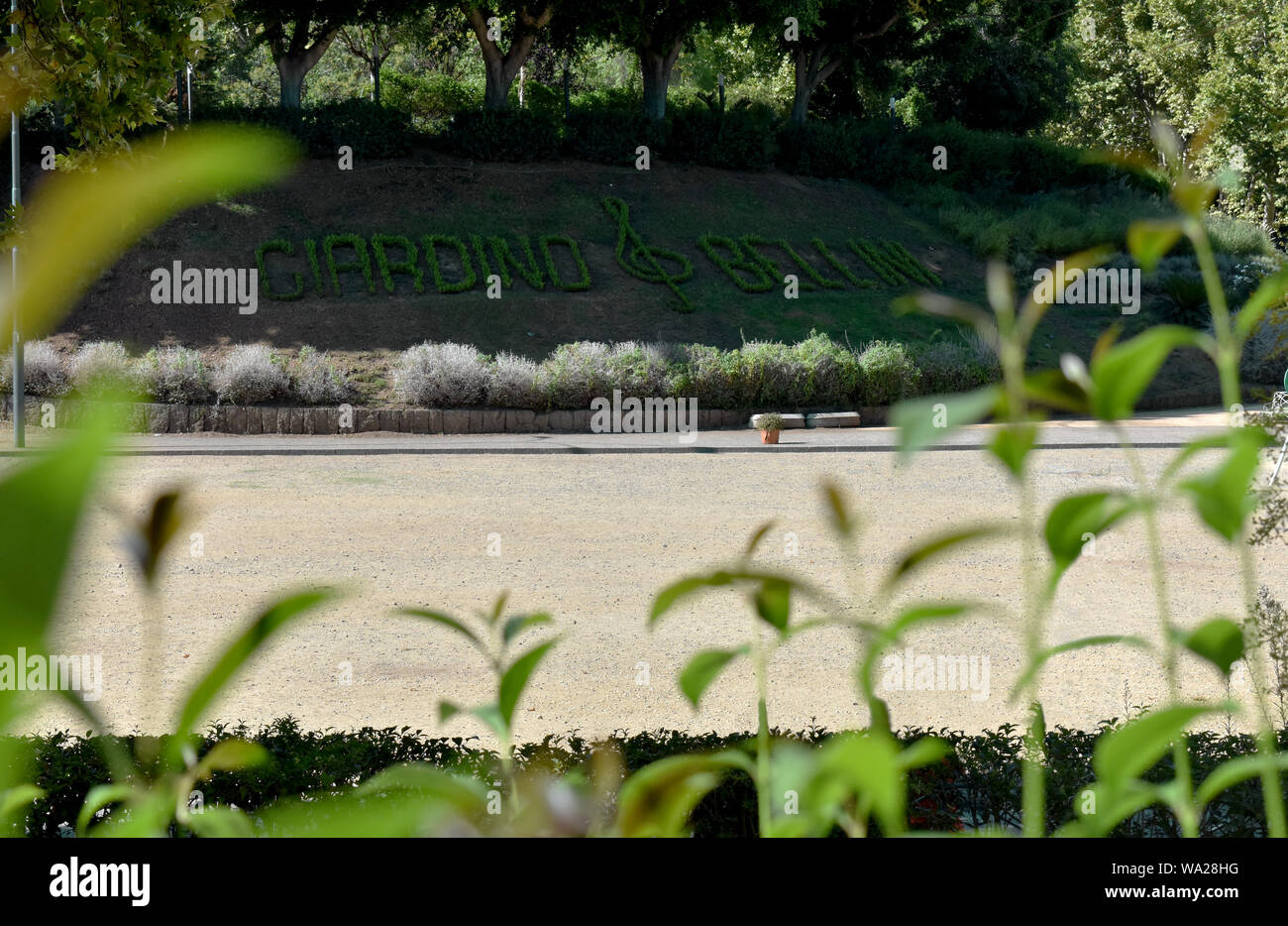 Topiary lettering of the bushes shaped as 'Giardino Bellini' and treble clef symbol in Catania's urban park 'Bellini garden' Stock Photo