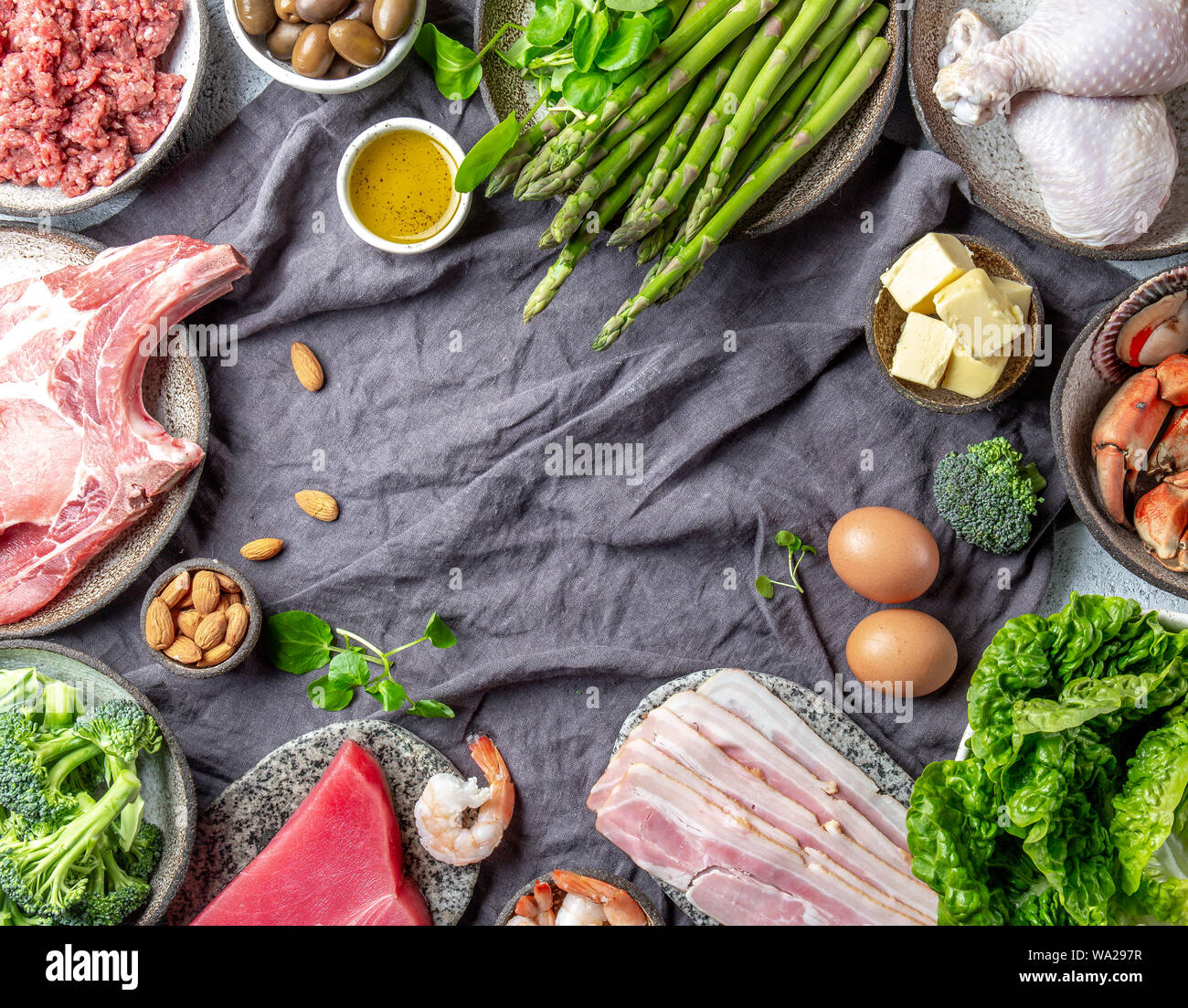 Vegetarian and animal protein, carb and fat sources. Low carbs and  ketogenic diet. Healthy food background with copy space Stock Photo - Alamy