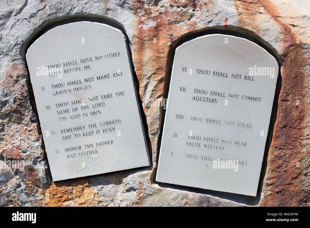 The ten commandments carved in stone tablets outside the Shrine of the Holy Spirit in Branson, Missouri, USA. Stock Photo