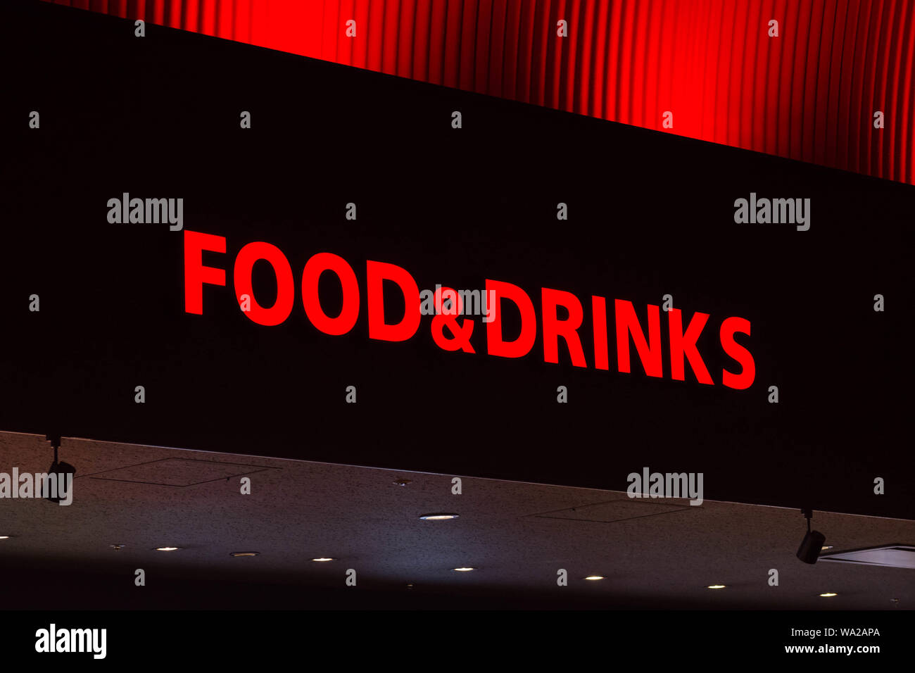 Food and drinks corner at a movie theater. Stock Photo
