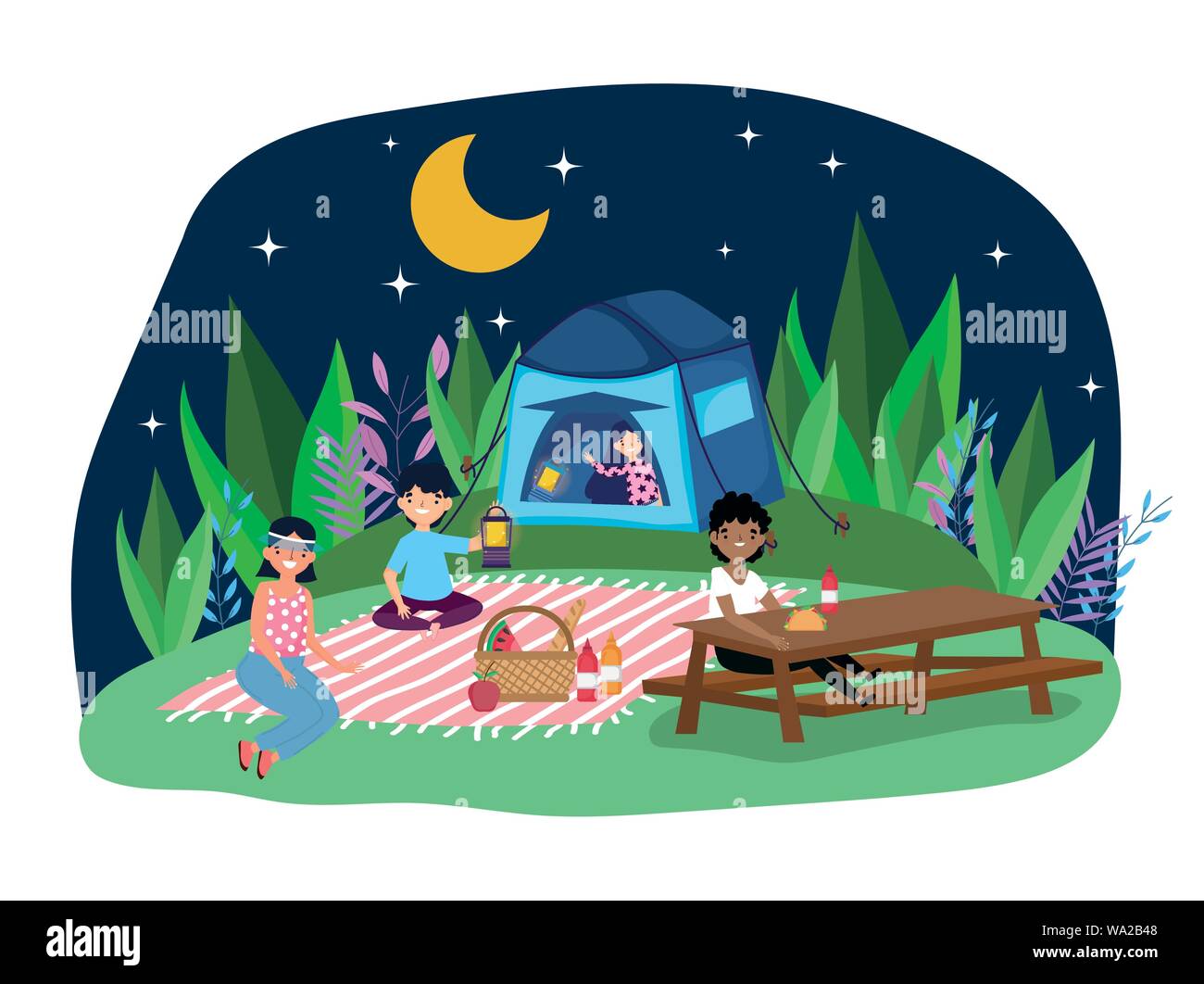 young people with tent camping and food picnic in the park vector
