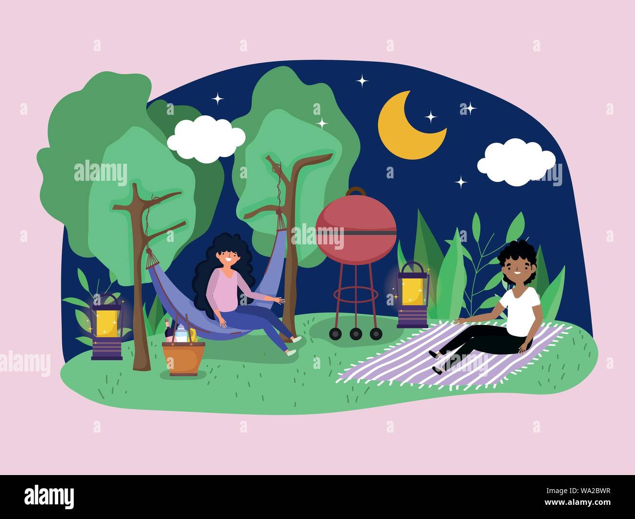 young couple with hammock grill bbq lanterns night picnic in the park