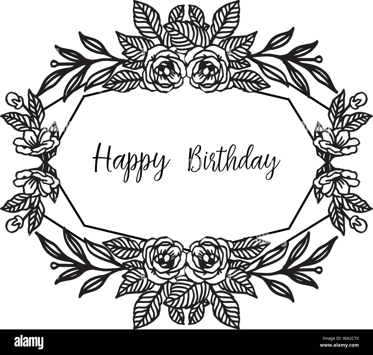 Lettering of happy birthday, design beautiful black white flower frame, invitation card of celebration. Vector illustration Stock Vector Image & Art - Alamy
