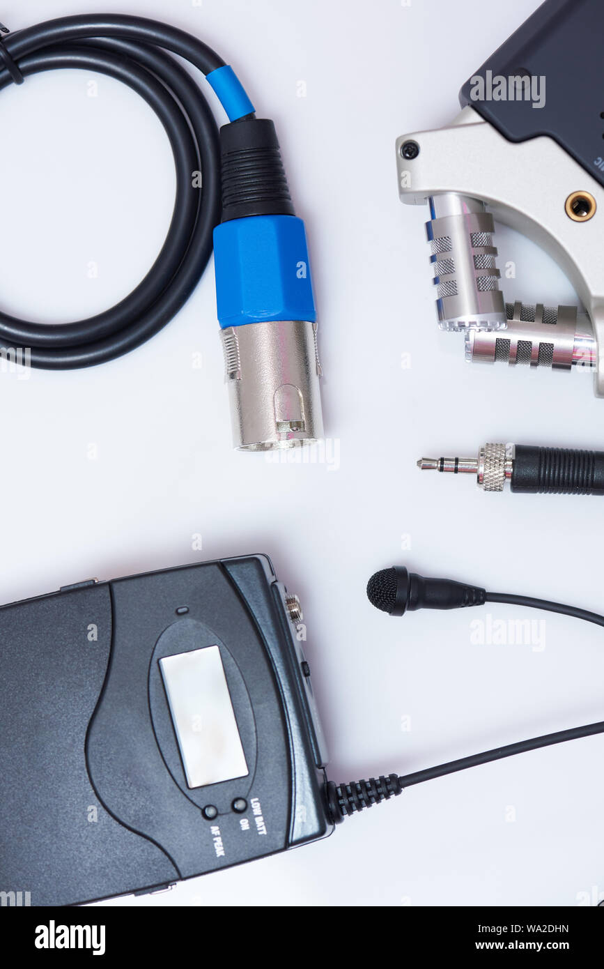 Music recording theme. Cables and plug on white background Stock Photo