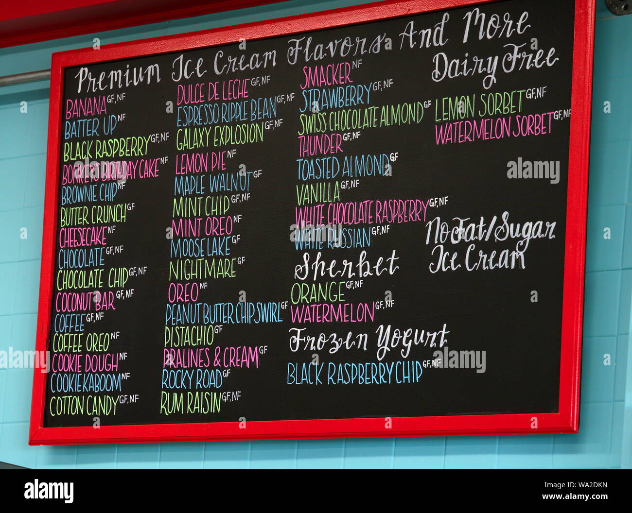 Rocky Hill, CT USA. May 2019. Ice cream menu sign of the many flavors and choices of other healthy non dairy desserts. Stock Photo