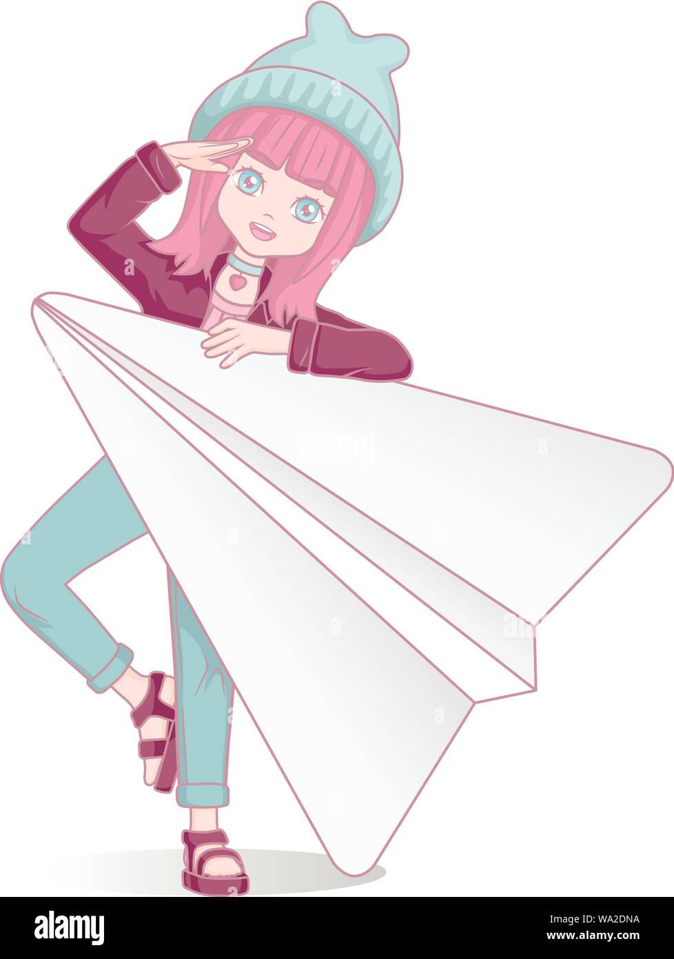 Anime manga girl with paper plane. Cartoon character in Japanese style. Messenger. Captain. Back to school Stock Vector