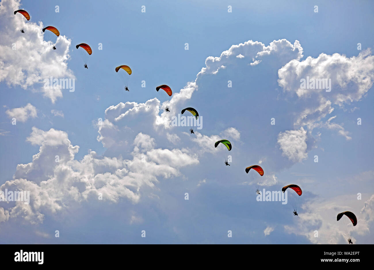 Beijing, China. 16th Aug, 2019. Photo taken on Aug. 16, 2019 shows paramotor performance during the 8th Faku Flight International Conference in Shenyang, capital of northeast China's Liaoning Province. Credit: Yao Jianfeng/Xinhua/Alamy Live News Stock Photo